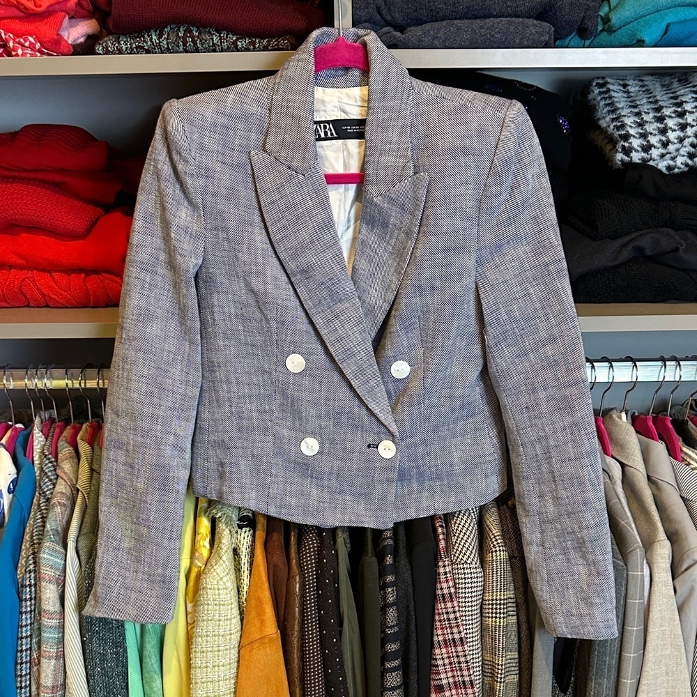 Zara navy heathered one button closure 100% cotton cropped blazer size XS